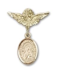 14K Gold Baby Badge with Our Lady of Perpetual Help Charm and Angel with Wings Badge Pin