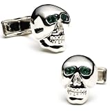 Emerald Eye Sterling Silver Skull Cufflinks w/ Jewelry Box
