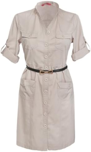 Glamour Empire Women's Mandarin Collar Combat Style Shirt Dress w/ Pockets 096 (US 10, Ecru)
