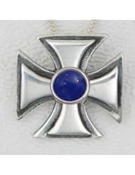 Sterling Silver Iron Cross Pendant Accented with Genuine Lapis Lazuli ...Jewelry Made in America