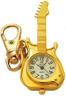 Gold Stainless Steel Mini Guitar Mother of Pearl Lobster Claw Clasp Vivid Number Keychain Pocket Watch