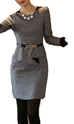 Houndstooth Print Long Sleeves Above the Knee Cotton Belted Peplum Empire   Waistline Bodycon Dress/Mini Dress 