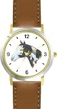 Dark Brown and White Paint or Pinto Horse - JP - Horse - WATCHBUDDY® DELUXE TWO-TONE THEME WATCH - Arabic Numbers - Brown Leather Strap-Children's Size-Small ( Boy's Size & Girl's Size )
