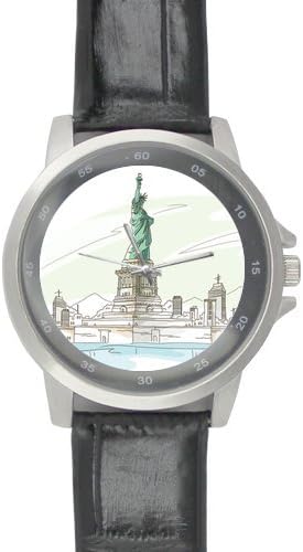 New York City Scenery Background Printed High-grade Alloy Watch with Black Leather Watchband
