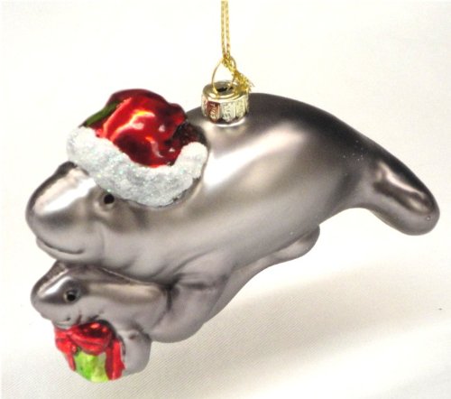 Christmas Ornament – Blown Glass Manatee Mom and Baby – Mom Wearing a Santa Hat and Baby Holding Presents 4.75″