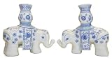 Oriental Blue and White Elephant Candlesticks - hand painted porcelain, pair