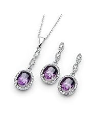 Rhodium Plated 925 Sterling Silver Oval Cut Prong Set Amethyst Cubic Zirconia CZ Drop Dangle Elegant Earrings and Necklace Set