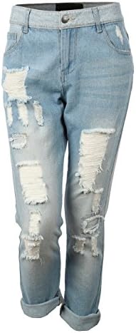 RubyK Womens Lightweight Distressed Ripped Roll Up Boyfriend Jeans