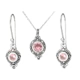 Sterling Silver Marcasite Pink Color Glass Earrings and Pendant Set, 18"