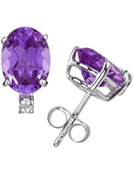 12X10mm Oval Amethyst and Diamond Stud Earrings in 14K White Gold
