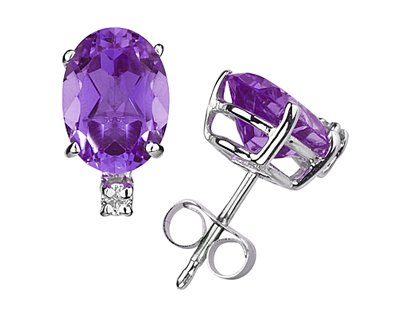 8X6mm Oval Amethyst and Diamond Stud Earrings in 14K White Gold