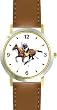 Polo Pony and Rider Chasing Down the Ball Horse - WATCHBUDDY&reg; DELUXE TWO-TONE THEME WATCH - Arabic Numbers - Brown Leather Strap-Women's Size-Small