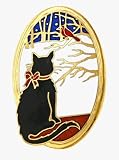Gold plated and enamel cat, snow and cardinal winter scene pin or brooch