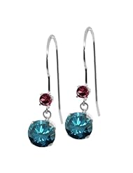 1.28 Ct Round Blue Diamond Red Rhodolite Garnet 14K White Gold Earrings