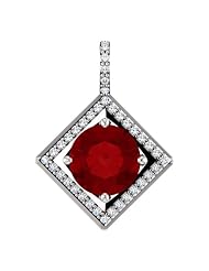 14K White Gold 8.00mm Round Cut Chatham Created Ruby and Diamond Pendant