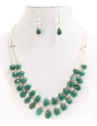Exclusive 2 Strands Natural Graceful Fresh Water Pearl & Emerald Drops Beaded Necklace with Free Earrings