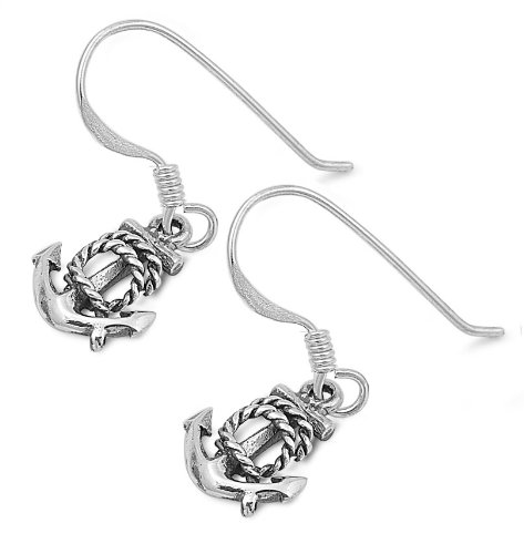 Sterling Silver Anchor Dangle Earrings- 12mm