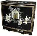 Unique Liquor Wine Glass Cabinet - 32" Ming Lacquered Slant Front Credenza Chest - Black w/ Ladies