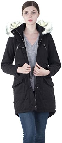 INFRON Women Black Winter Outwear Faux Fur Hooded Drawstring Cotton Parka