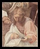 Raffael (Stanza della Segnatura in the Vatican for Pope Julius II, wall fresco: Glorification (Disputa) Altar of the Holy Sacrament, detail: Secretary of St. Augustine (right next to the altar)) Black Wood-Mounted Art Poster Print - 11