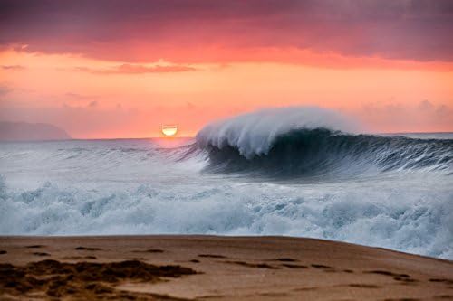 Big wave breaking under an orange sky at sunset on Keiki Beach, North Shore, O'ahu, Hawaii print picture photo photograph fine art