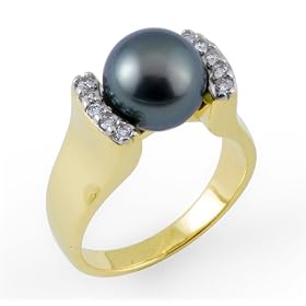 Tahitian Black Pearl Ring with Diamonds in 14K Yellow Gold by Maui Divers of Hawaii
