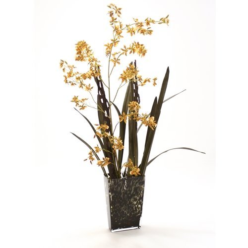 DDI 16706A Waterlook Silk Gold-Brown Oncidium Orchids, Ladder Branches and Blades in a Leopard Print Vase