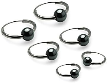 Silverline Jewelry- Set of Sterling Silver Endless Small Hoop Earrings, Simulated Hematite Ball,10mm, 12mm,14mm