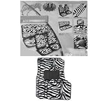 15-Piece Safari Animal Print Automotive Interior Gift Set - 2 Zebra Black and White Low Back Front Bucket Seat Covers with Separate Headrest Cover, 1 Zebra Black and White Steering Wheel Cover, 2 Zebra Black and White Shoulder Harness Pressure Relief Cover, 1 Zebra Black and White Bench Cover and 4 Zebra Black and White Carpet Floor mats for Cars / Truck