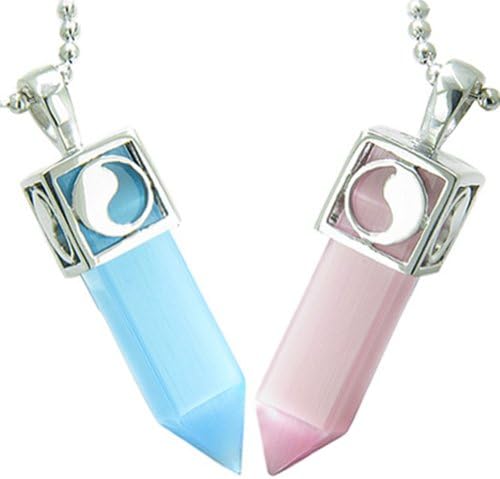 Yin Yang Love Couple Amulets Crystal Points Sky Blue Baby Pink Simulated Cats Eye Pendant Necklaces