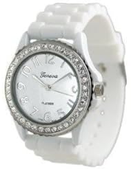 Geneva Platinum Collection White Dial Cz Bezel White Strap Ladies Watch NEW