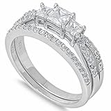 Princess Cut Cz Bridal Engagement Set .925 Sterling Silver Ring Size 7