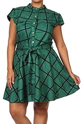 Plus Size Ruched Belted Polyester/Spandex/Knit Checkered Print Cap Sleeves Fit-and-Flare Mandarin Collar  Dress