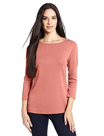 Three Dots Red Women's Classic-Fit Three-Quarter Sleeve British Tee Shirt at Amazon Womenâs 