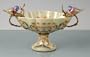 Porcelain Hand-painted Elevated Bowl with Brass Handles, and Glazed Blue and Gold Birds - Fine China