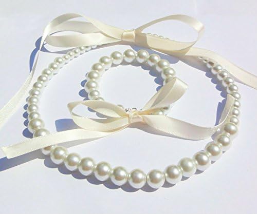 First Holy Communion Ivory Pearl Necklace and Bracelet Set with Ribbon Satin Flower Girl Jewelry