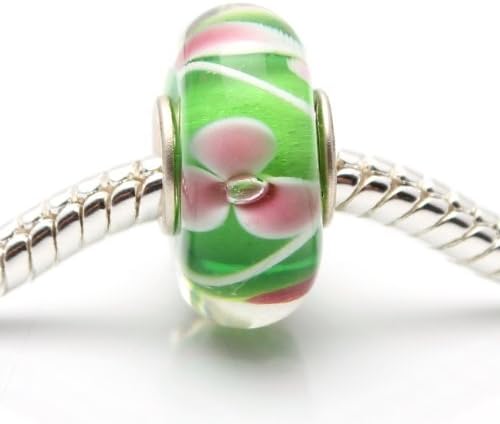 Bleek2Sheek Murano Glass Green, White and Pink Charm Beads (Set of 2) Fits Pandora