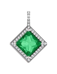 Platinum 8.00x8.00mm Princess Cut Chatham Created Emerald and Diamond Pendant