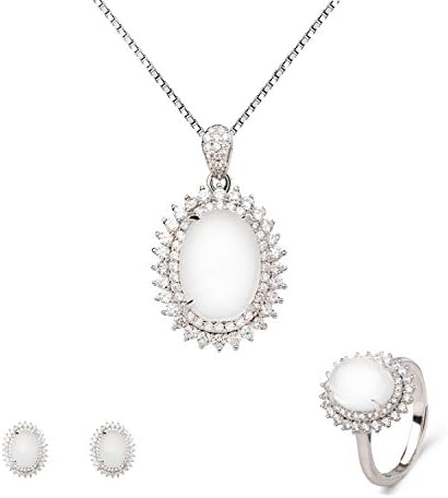 18K White Gold Plated Sterling Silver Natural White Jade Pendant Necklace, Rings, Earrings 18" YBJ-13