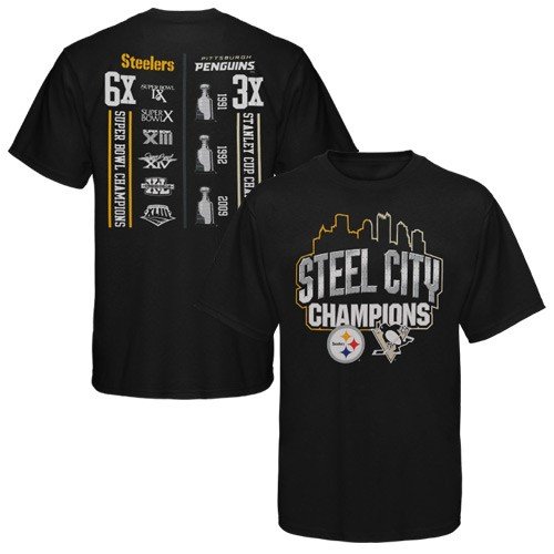 Reebok Pittsburgh Penguins 2009 NHL Stanley Cup Champions-Pittsburgh Steelers 2009 Super Bowl Champions Black City of Champs Premium T-shirt
