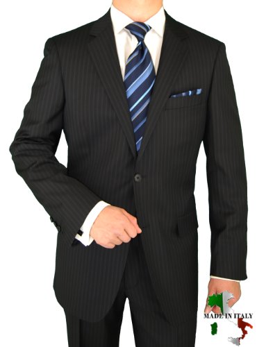 Luciano Natazzi Made in Italy Mens Suit Canali Cashmere and Wool Fabric Super 160s Modern Business Suit Fully Canvassed 2 Button 2pc Flat Front Pants Working Sleeve Buttonholes Mid Night Navy Stripe