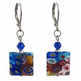 Earrings - E311 - Millefiore Squares ~ Cobalt Blue with Multi Flowers