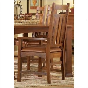 Mission Solid Oak Dining Arm Chair with Leather Seating in Rubbed Oak Finish [Set of 2]