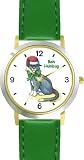 Cat in Santa Claus Hat - Bah Humbug Cat Cartoon or Comic - JP Animal - WATCHBUDDY® DELUXE TWO-TONE THEME WATCH - Arabic Numbers - Green Leather Strap-Size-Children's Size-Small ( Boy's Size & Girl's Size )