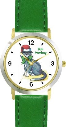 Cat in Santa Claus Hat - Bah Humbug Cat Cartoon or Comic - JP Animal - WATCHBUDDY® DELUXE TWO-TONE THEME WATCH - Arabic Numbers - Green Leather Strap-Size-Children's Size-Small ( Boy's Size & Girl's Size )