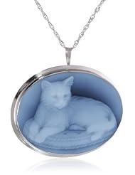Sterling Silver Italian Blue Agate Cat on a Pillow Cameo Pin-Pendant Necklace, 18"