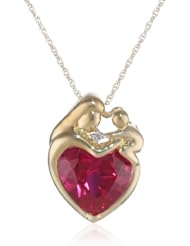 XPY 10k Yellow Gold Heart-Shaped Created Ruby and Diamond-Accent Mothers Jewel Heart Pendant Necklace, 18"