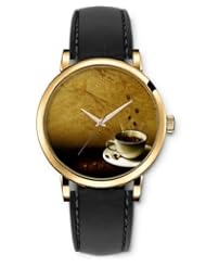 SPRAWL Aanalog Fashion Series Gold Ladies Watches of Genuine Black Leather Strap,Unique Wrist Watch for Women Girls Designed with Time of coffee