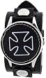 Black Cross Cover Flip Top Round Steel Case Independent Punk Gothic Skater Indie Rock Wide Black Leather Band Wrist Watch