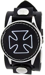 Black Cross Cover Flip Top Round Steel Case Independent Punk Gothic Skater Indie Rock Wide Black Leather Band Wrist Watch